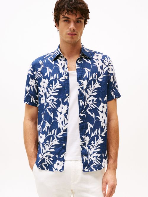 Camisa de lino puro con estampado tropical